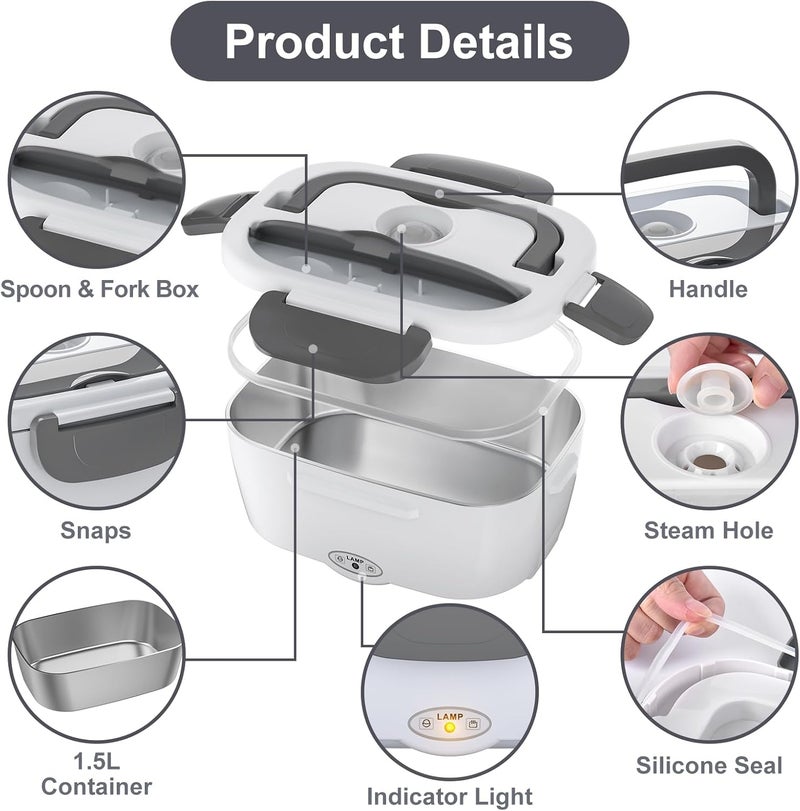 Vabaso Electric Lunch Box Food Heater, 80W Electric Heating Lunch Boxes Lunch for Car/Men/Adults/Home/Work, 1.5L Removable 304 Stainless Steel Container, 110V/12V/24V, with Fork & Spoon - Image 5